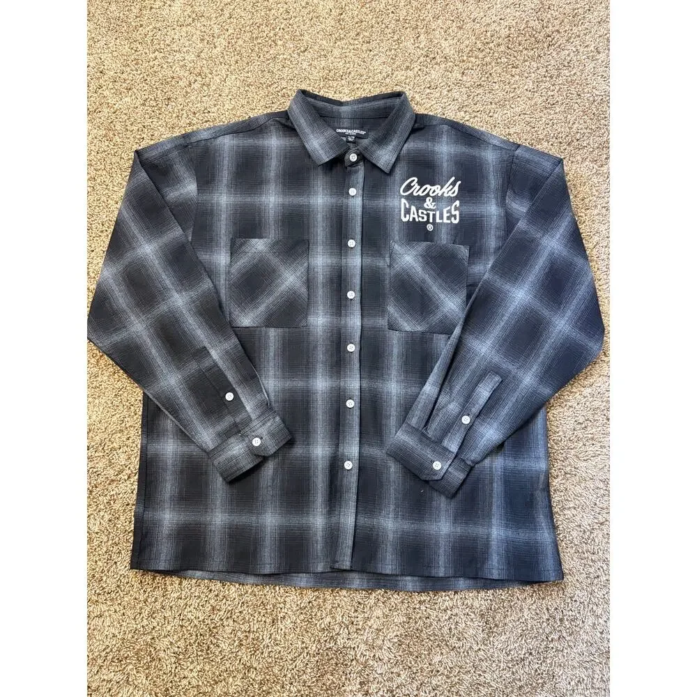 Y2K Crooks & Castles Grey Plaid Long Sleeve Button Up Mens Size XL